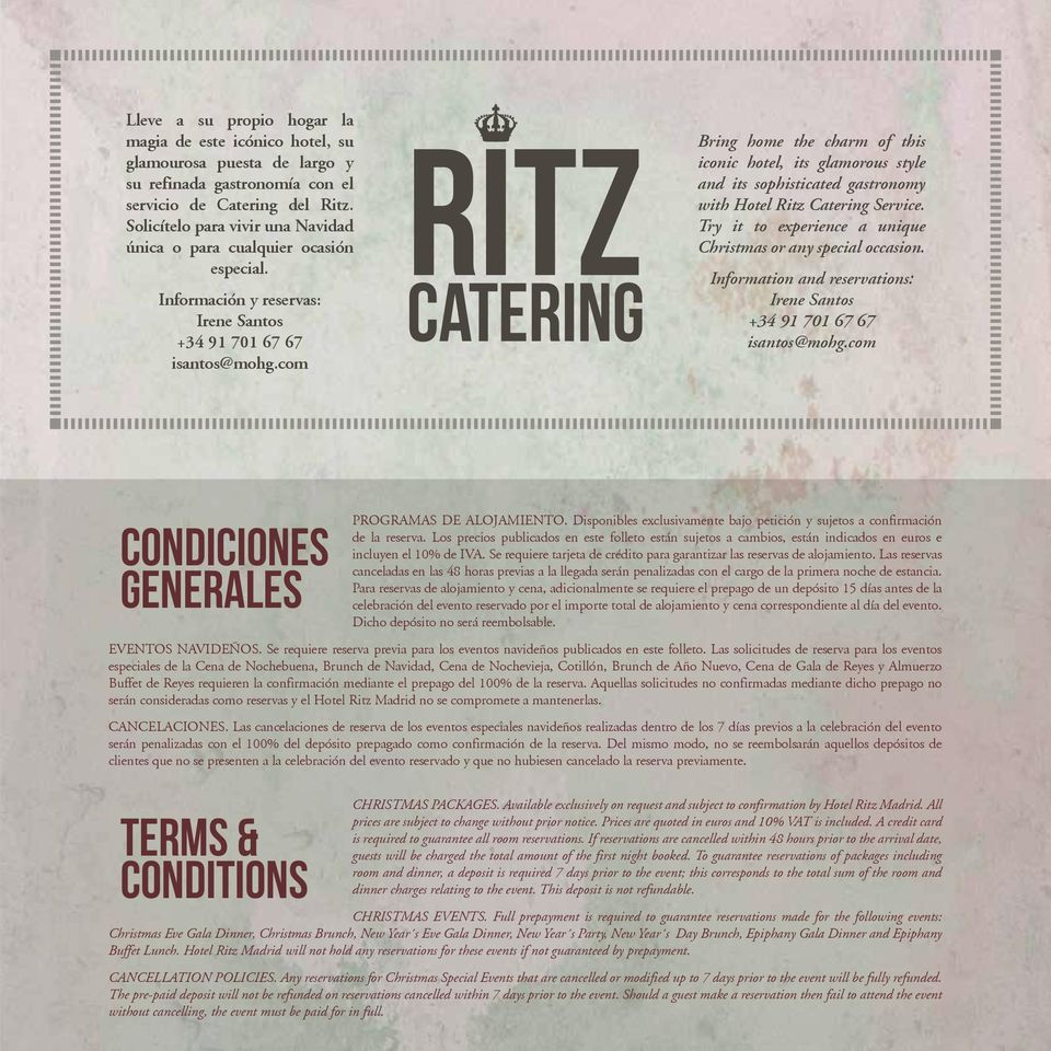 com ritz catering Bring home the charm of this iconic hotel, its glamorous style and its sophisticated gastronomy with Hotel Ritz Catering Service.