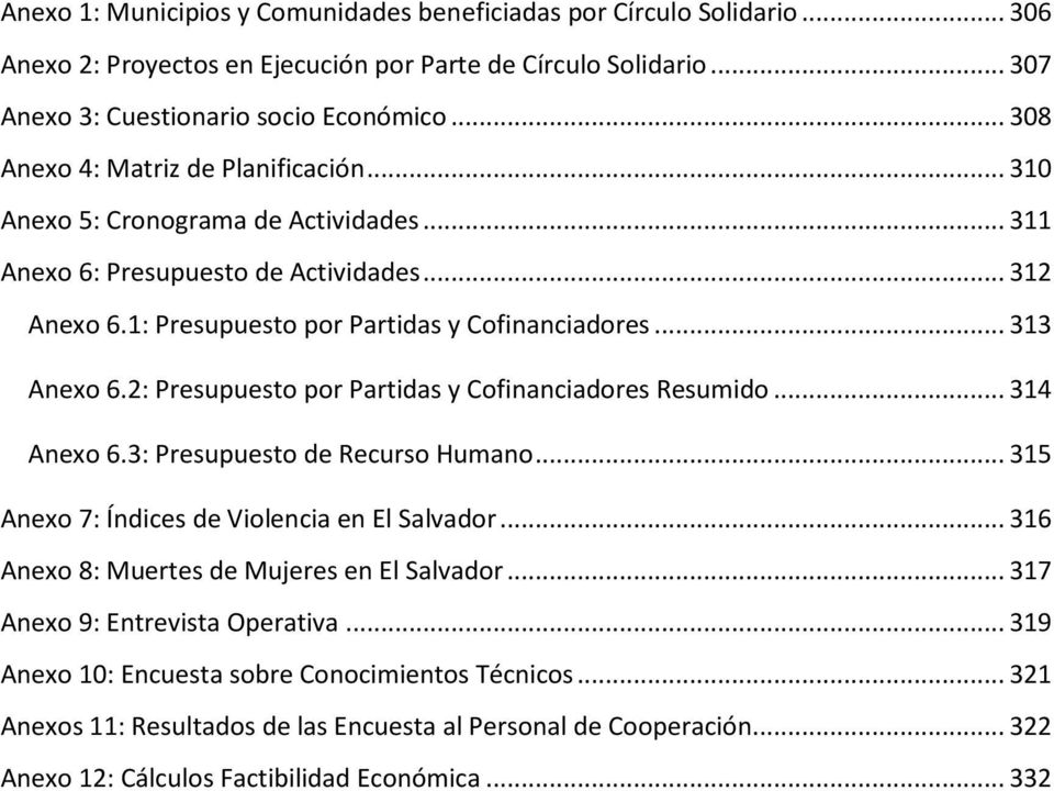 2: Presupuesto por Partidas y Cofinanciadores Resumido... 314 Anexo 6.3: Presupuesto de Recurso Humano... 315 Anexo 7: Índices de Violencia en El Salvador.