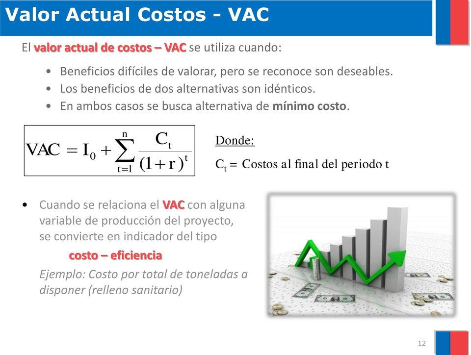 VAC I 0 t1 Ct (1 r) t Dode: C t = Costos al fial del periodo t Cuado se relacioa el VAC co algua variable de producció