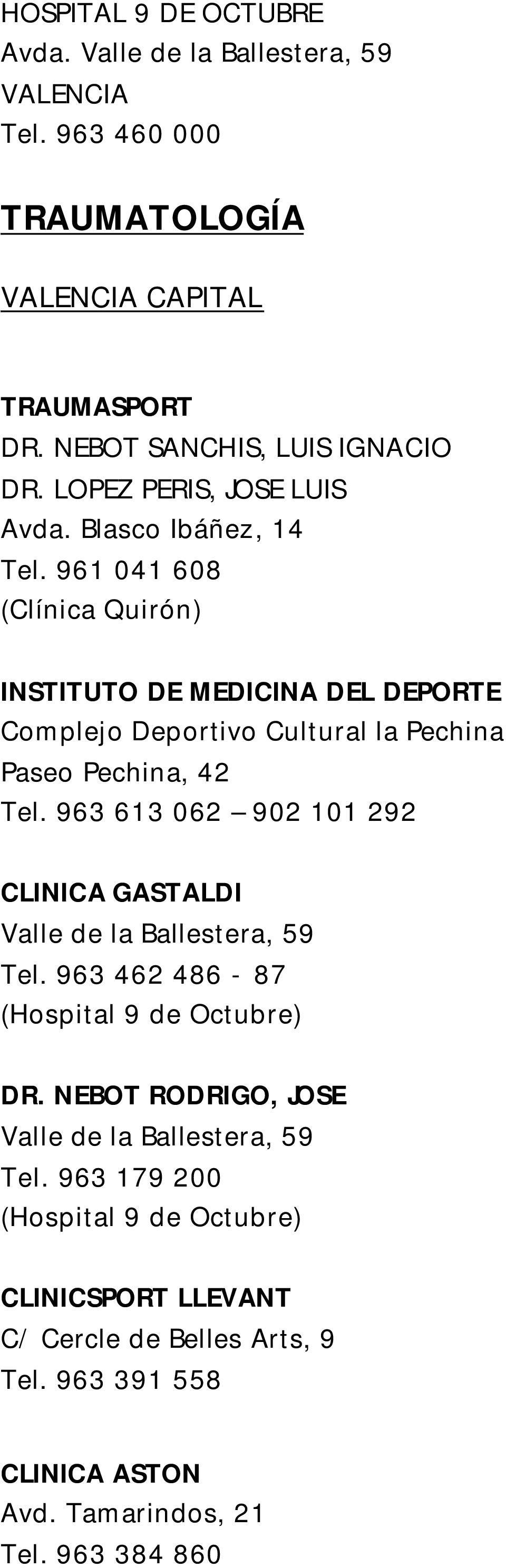 961 041 608 (Clínica Quirón) INSTITUTO DE MEDICINA DEL DEPORTE Complejo Deportivo Cultural la Pechina Paseo Pechina, 42 Tel.