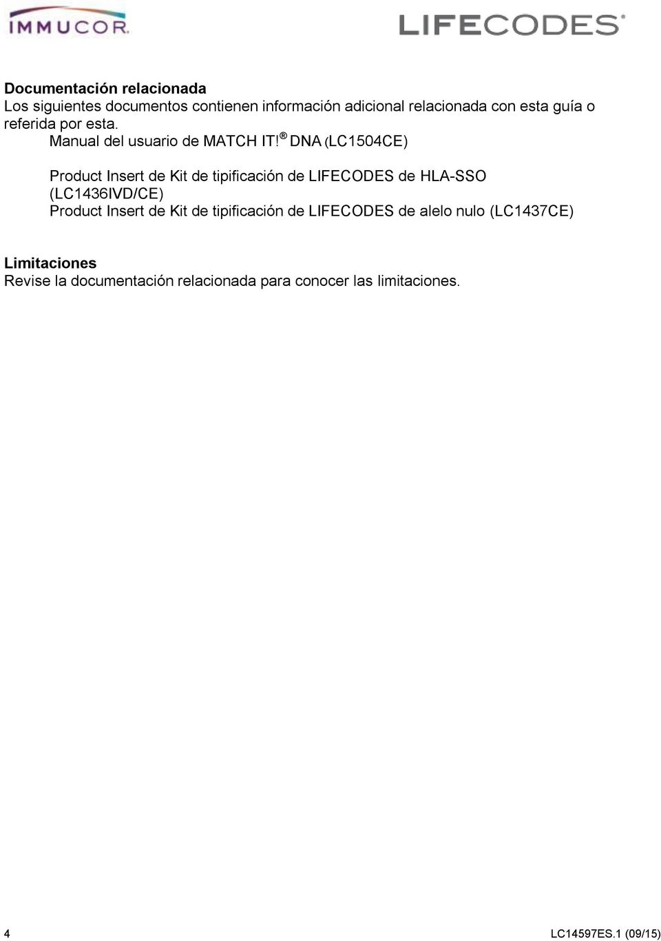 DNA (LC1504CE) Product Insert de Kit de tipificación de LIFECODES de HLA-SSO (LC1436IVD/CE) Product Insert