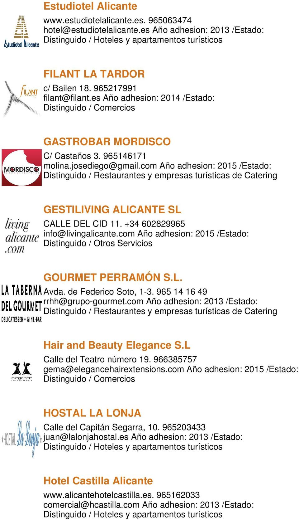 +34 602829965 info@livingalicante.com Año adhesion: 2015 /Estado: Distinguido / Otros Servicios GOURMET PERRAMÓN S.L. Avda. de Federico Soto, 1-3. 965 14 16 49 Hair and Beauty Elegance S.