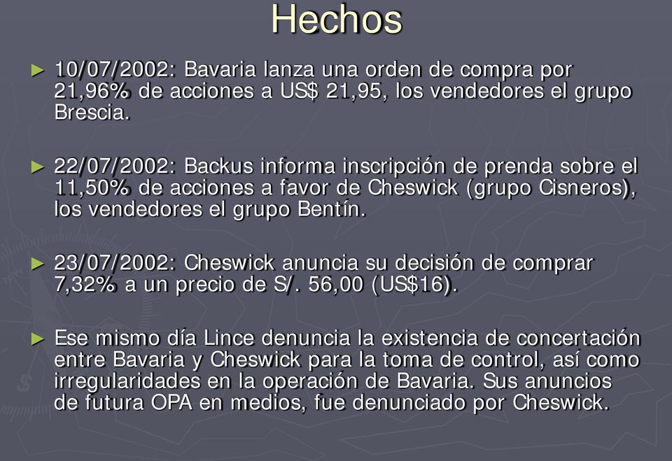 23/07/2002: Cheswick anuncia su decisión de comprar 7,32% a un precio de S/. 56,00 (US$16).