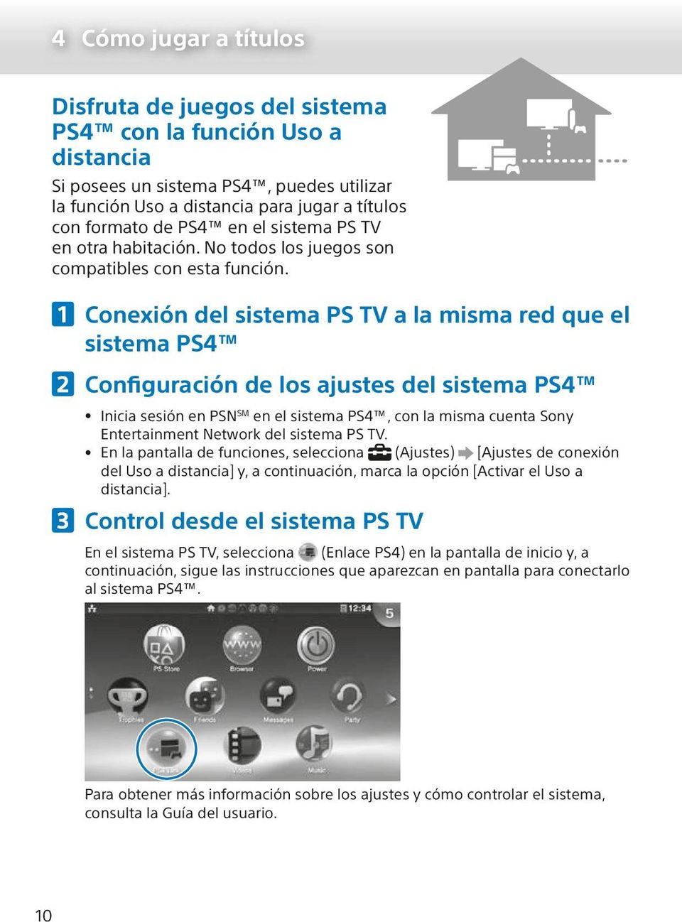 Conexión del sistema PS TV a la misma red que el sistema PS4 Configuración de los ajustes del sistema PS4 Inicia sesión en PSN SM en el sistema PS4, con la misma cuenta Sony Entertainment Network del