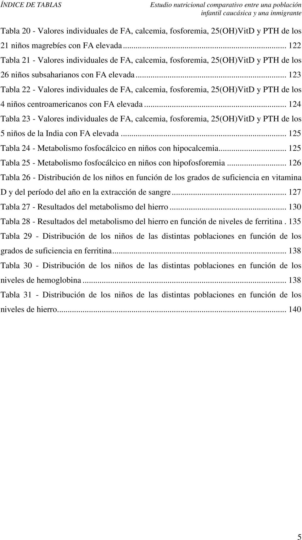 .. 123 Tabla 22 - Valores individuales de FA, calcemia, fosforemia, 25(OH)VitD y PTH de los 4 niños centroamericanos con FA elevada.
