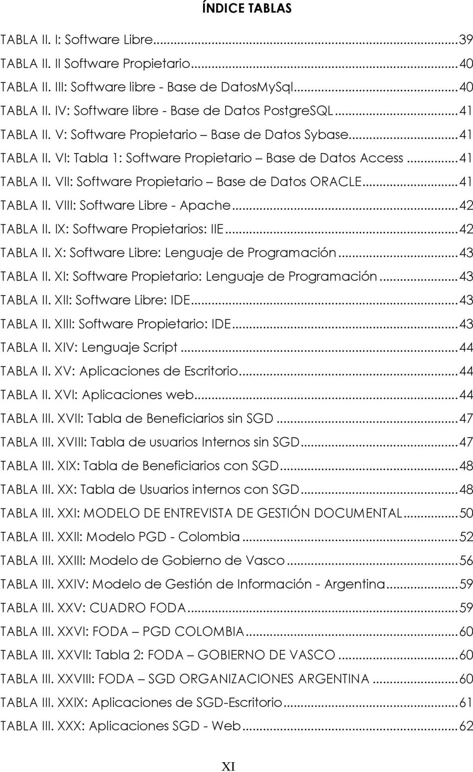 .. 41 TABLA II. VIII: Software Libre - Apache... 42 TABLA II. IX: Software Propietarios: IIE... 42 TABLA II. X: Software Libre: Lenguaje de Programación... 43 TABLA II.