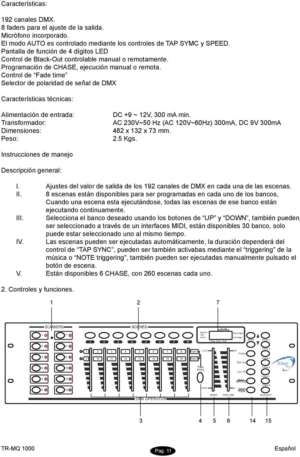 Control de Fade time Selector de polaridad de señal de DMX Características técnicas: Alimentación de entrada: Transformador: Dimensiones: Peso: DC +9 ~ 12V, 300 ma min.