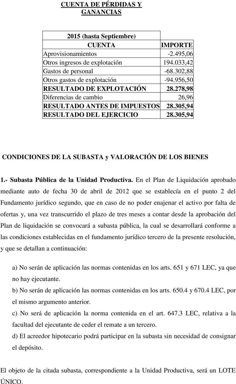 305,94 CONDICIONES DE LA SUBASTA y VALORACIÓN DE LOS BIENES 1.- Subasta Pública de la Unidad Productiva.