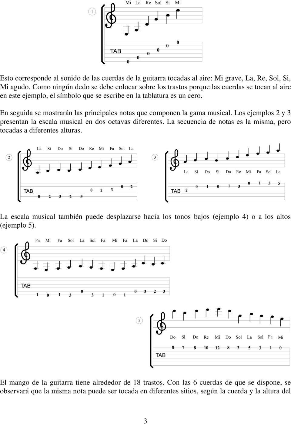 En seguida se mostrarán las principales notas que componen la gama musical. Los ejemplos 2 y 3 presentan la escala musical en dos octavas diferentes.