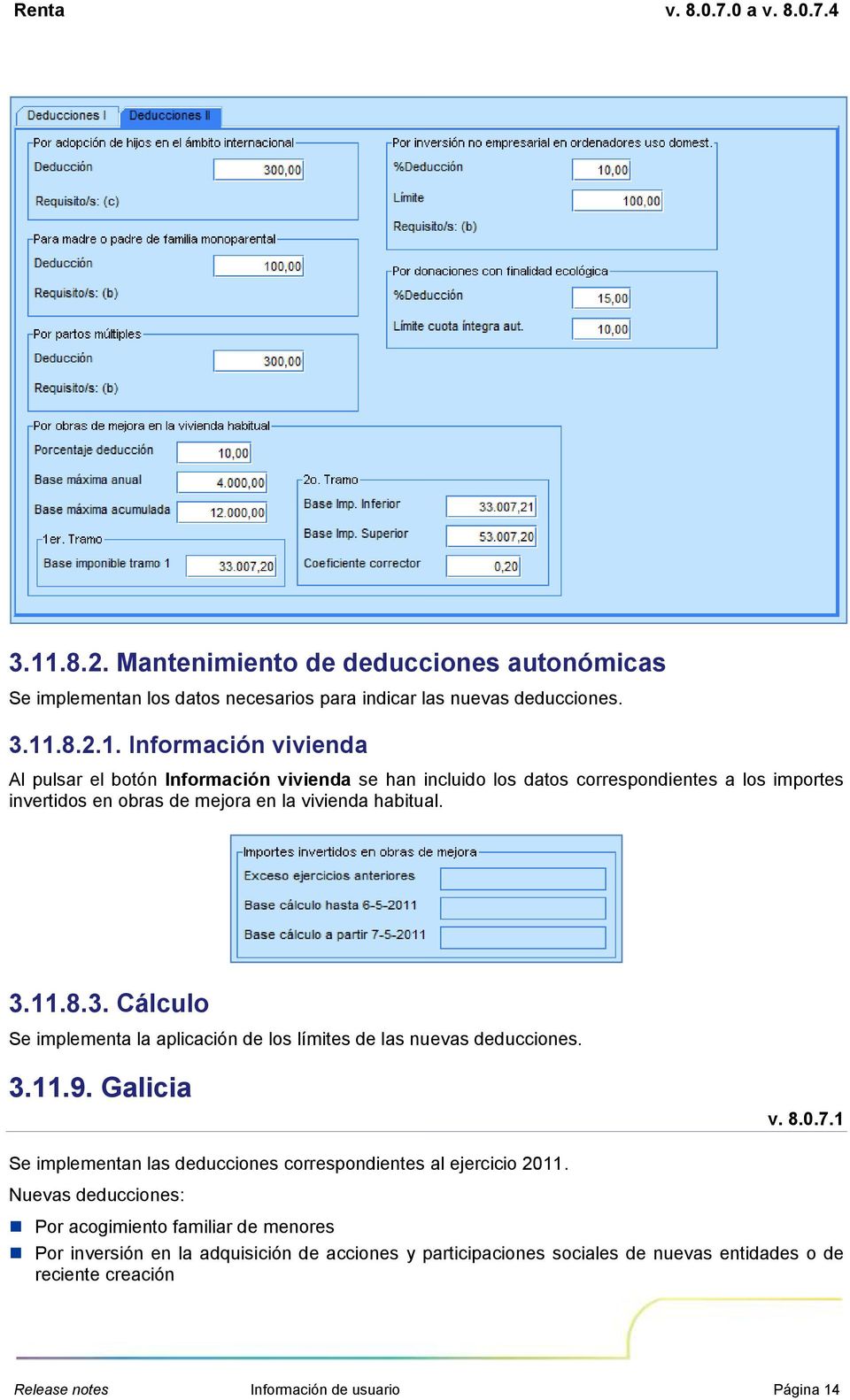 11.8.3. Cálculo Se implementa la aplicación de los límites de las nuevas deducciones. 3.11.9. Galicia Se implementan las deducciones correspondientes al ejercicio 2011.