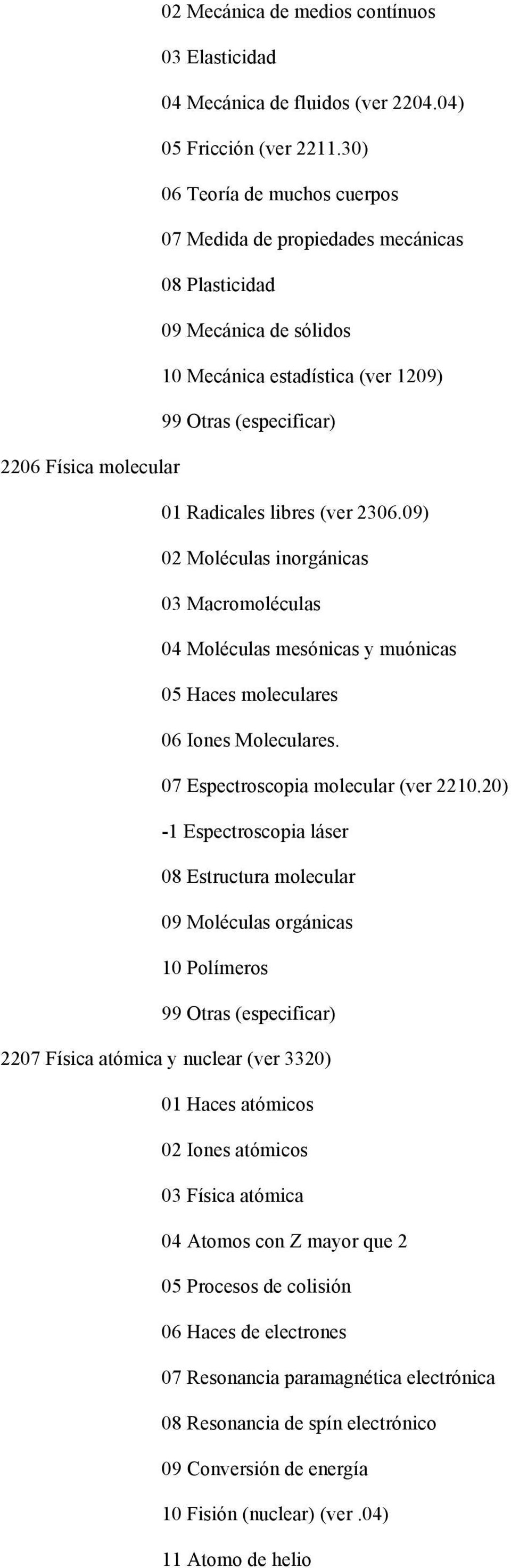 09) 02 Moléculas inorgánicas 03 Macromoléculas 04 Moléculas mesónicas y muónicas 05 Haces moleculares 06 Iones Moleculares. 07 Espectroscopia molecular (ver 2210.
