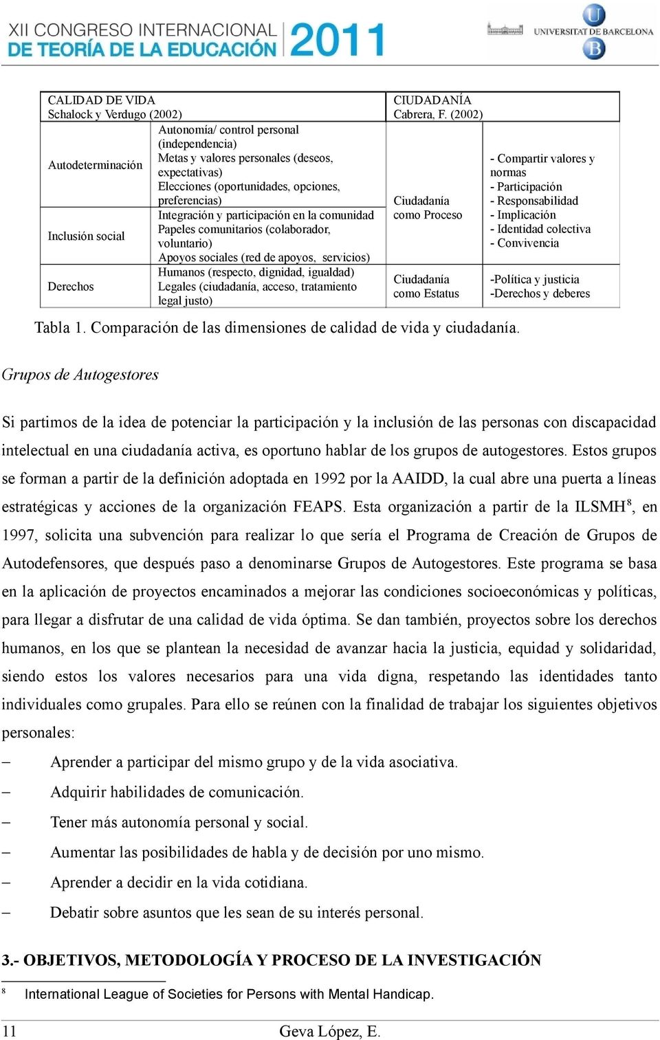 igualdad) Derechos Legales (ciudadanía, acceso, tratamiento legal justo) CIUDADANÍA Cabrera, F. (2002) Ciudadanía como Proceso Ciudadanía como Estatus Tabla 1.