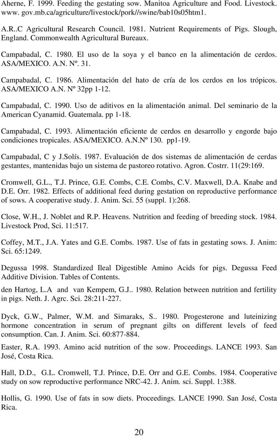 Campabadal, C. 1986. Alimentación del hato de cría de los cerdos en los trópicos. ASA/MEXICO A.N. Nº 32pp 1-12. Campabadal, C. 1990. Uso de aditivos en la alimentación animal.