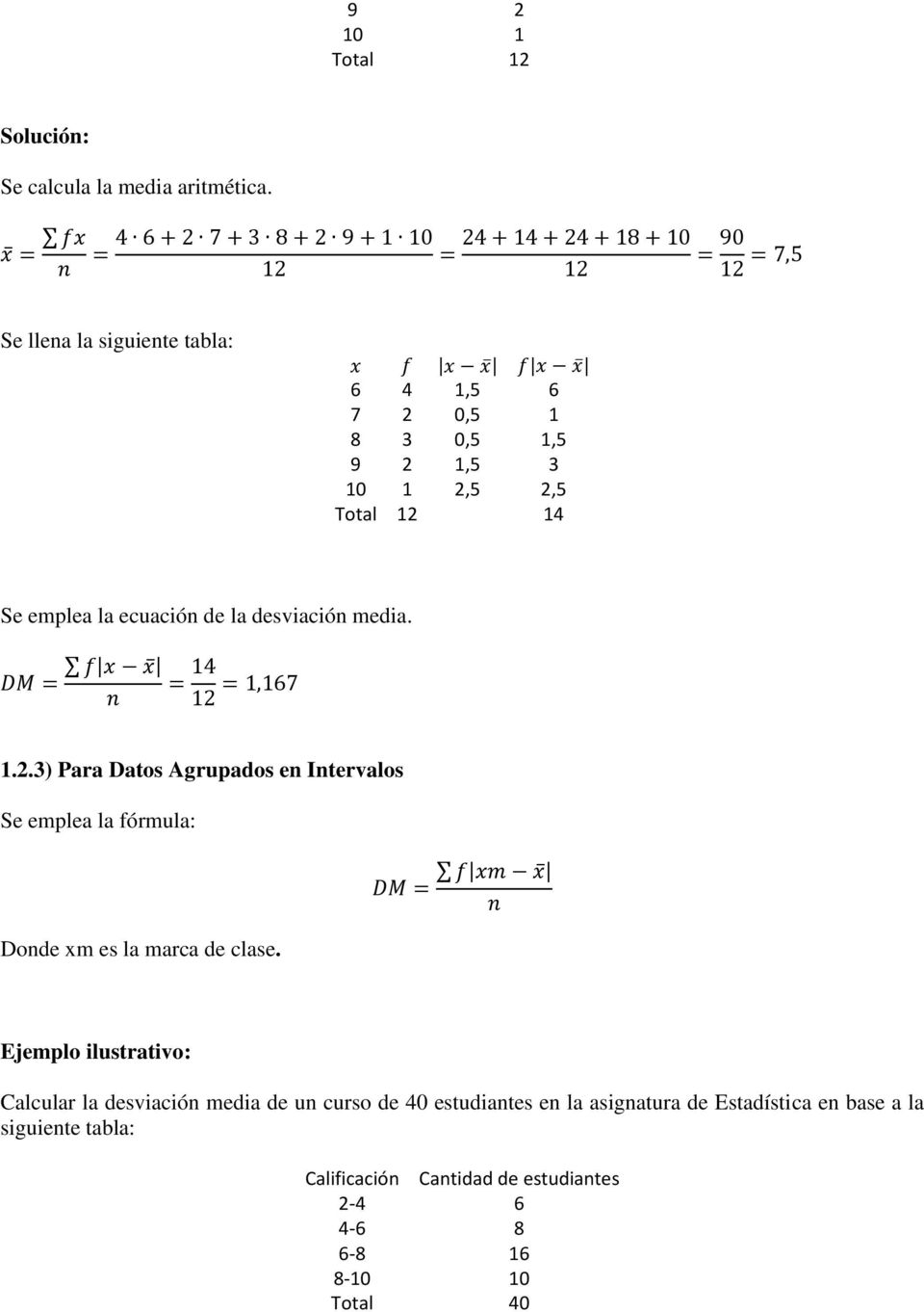 desviación media. 1.2.3) Para Datos Agrupados en Intervalos Se emplea la fórmula: Donde xm es la marca de clase.