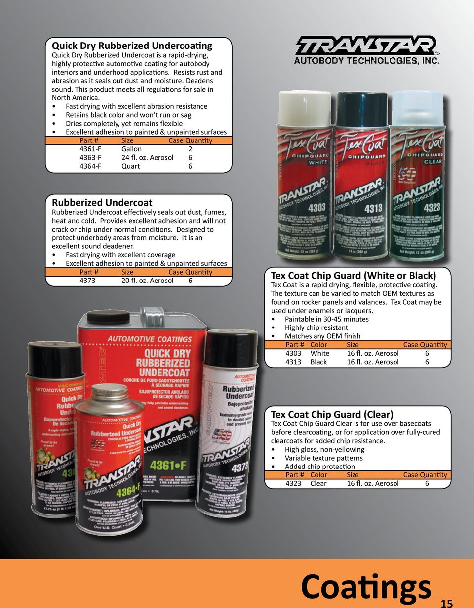 Fast drying with excellent abrasion resistance Retains black color and won t run or sag Dries completely, yet remains flexible Excellent adhesion to painted & unpainted surfaces Part # Size Case