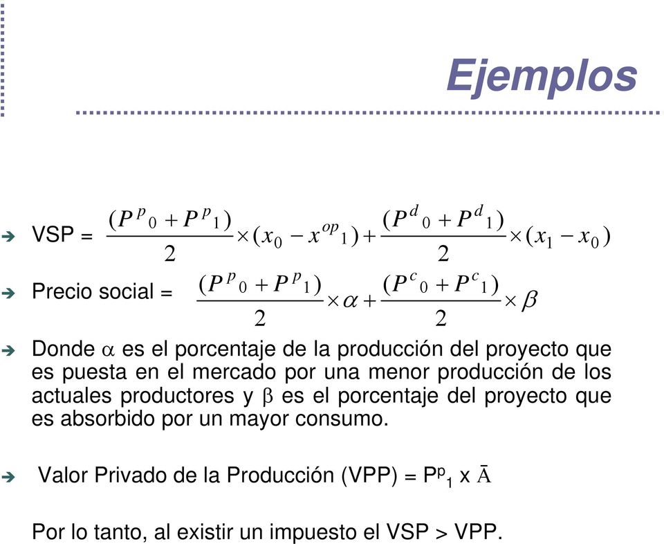 consumo. Valor Privado de la Producción (VPP) = P p 1 x Ā Por lo tanto, al existir un impuesto el VSP > VPP.