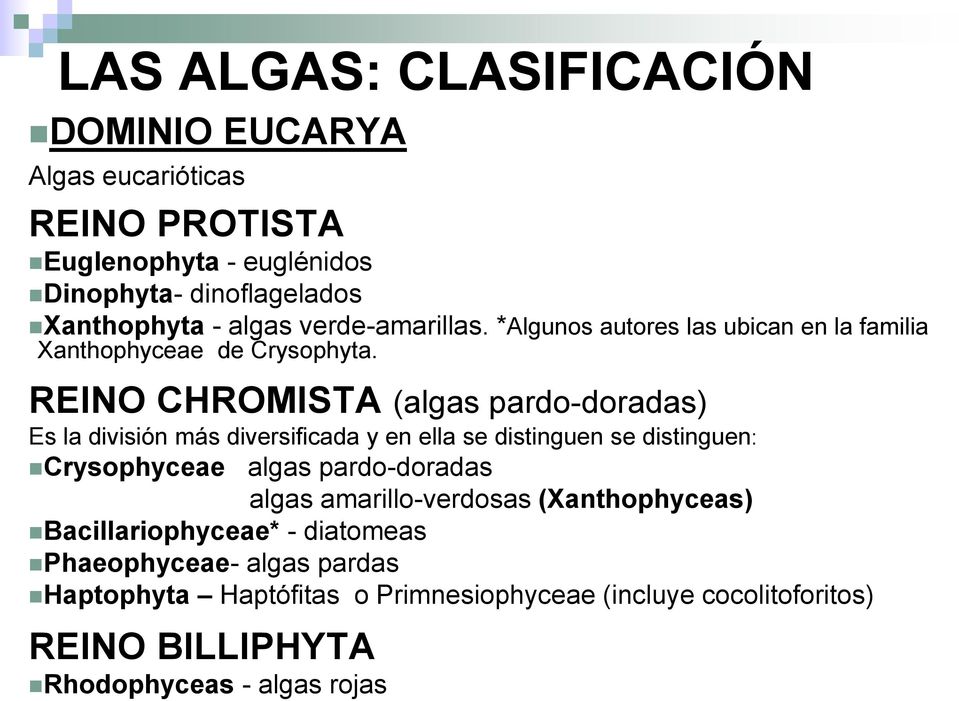 REINO CHROMISTA (algas pardo-doradas) Es la división más diversificada y en ella se distinguen se distinguen: Crysophyceae algas pardo-doradas