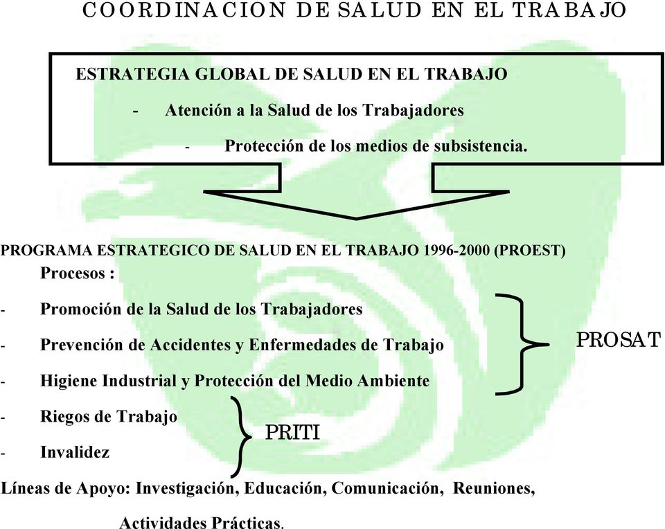 PROGRAMA ESTRATEGICO DE SALUD EN EL TRABAJO 1996-2000 (PROEST) Procesos : - Promoción de la Salud de los Trabajadores - Prevención