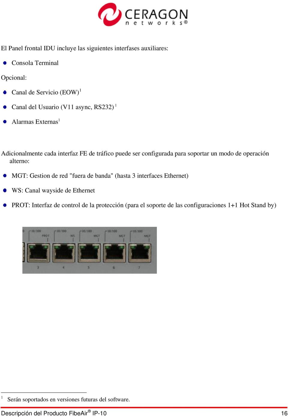 MGT: Gestion de red "fuera de banda" (hasta 3 interfaces Ethernet) WS: Canal wayside de Ethernet PROT: Interfaz de control de la protección