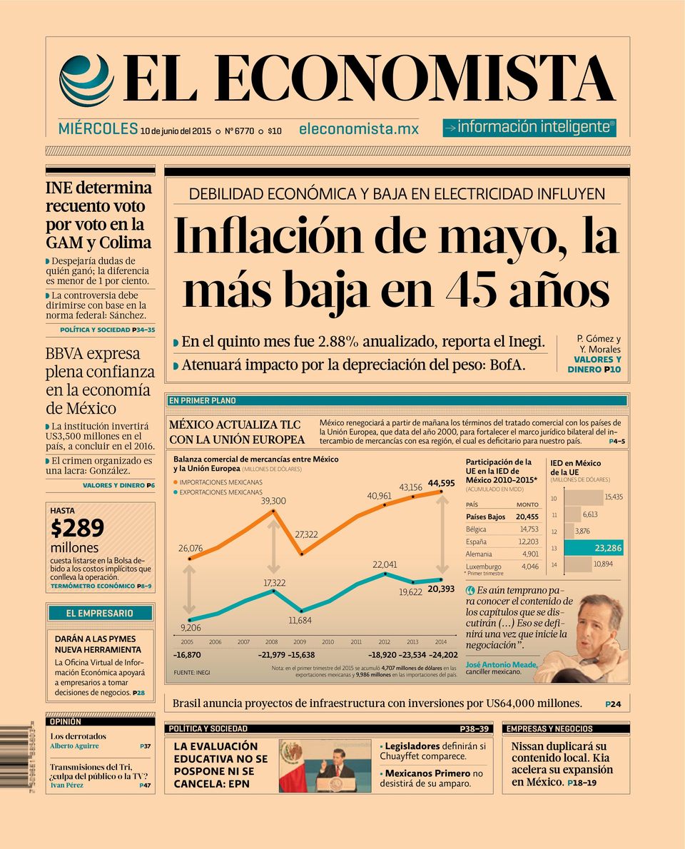 política y sociedad p34-35 BBVA expresa plena confianza en la economía de México La institución invertirá US3,500 millones en el país, a concluir en el 2016.
