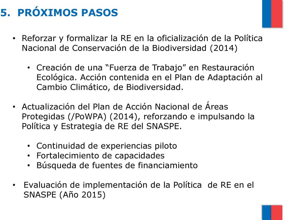 Actualización del Plan de Acción Nacional de Áreas Protegidas (/PoWPA) (2014), reforzando e impulsando la Política y Estrategia de RE del SNASPE.
