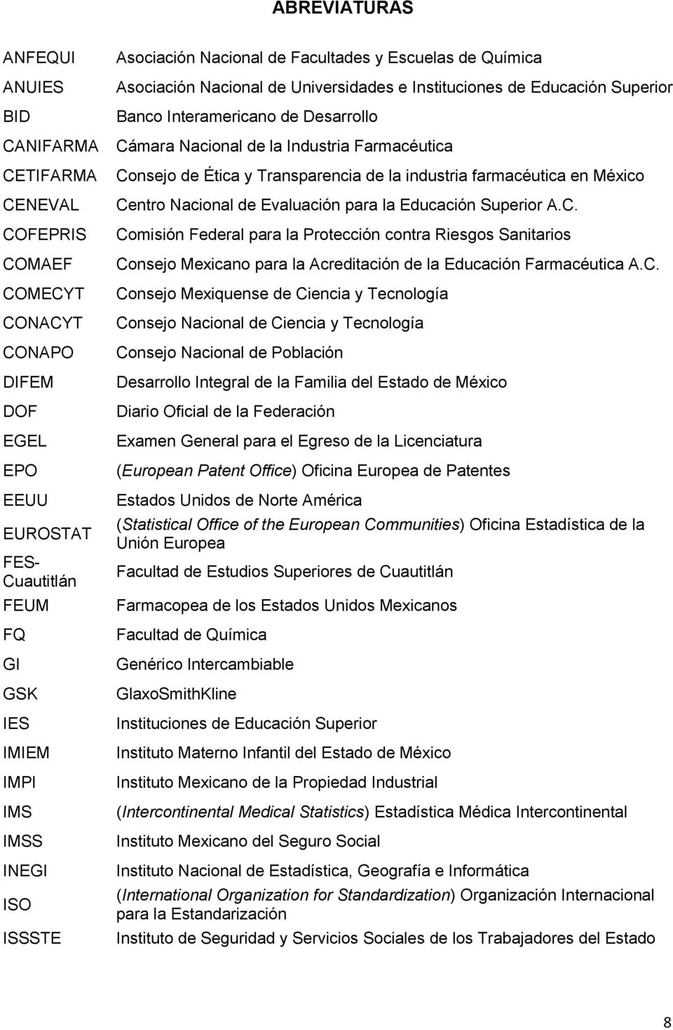 Industria Farmacéutica Consejo de Ética y Transparencia de la industria farmacéutica en México Centro Nacional de Evaluación para la Educación Superior A.C. Comisión Federal para la Protección contra Riesgos Sanitarios Consejo Mexicano para la Acreditación de la Educación Farmacéutica A.