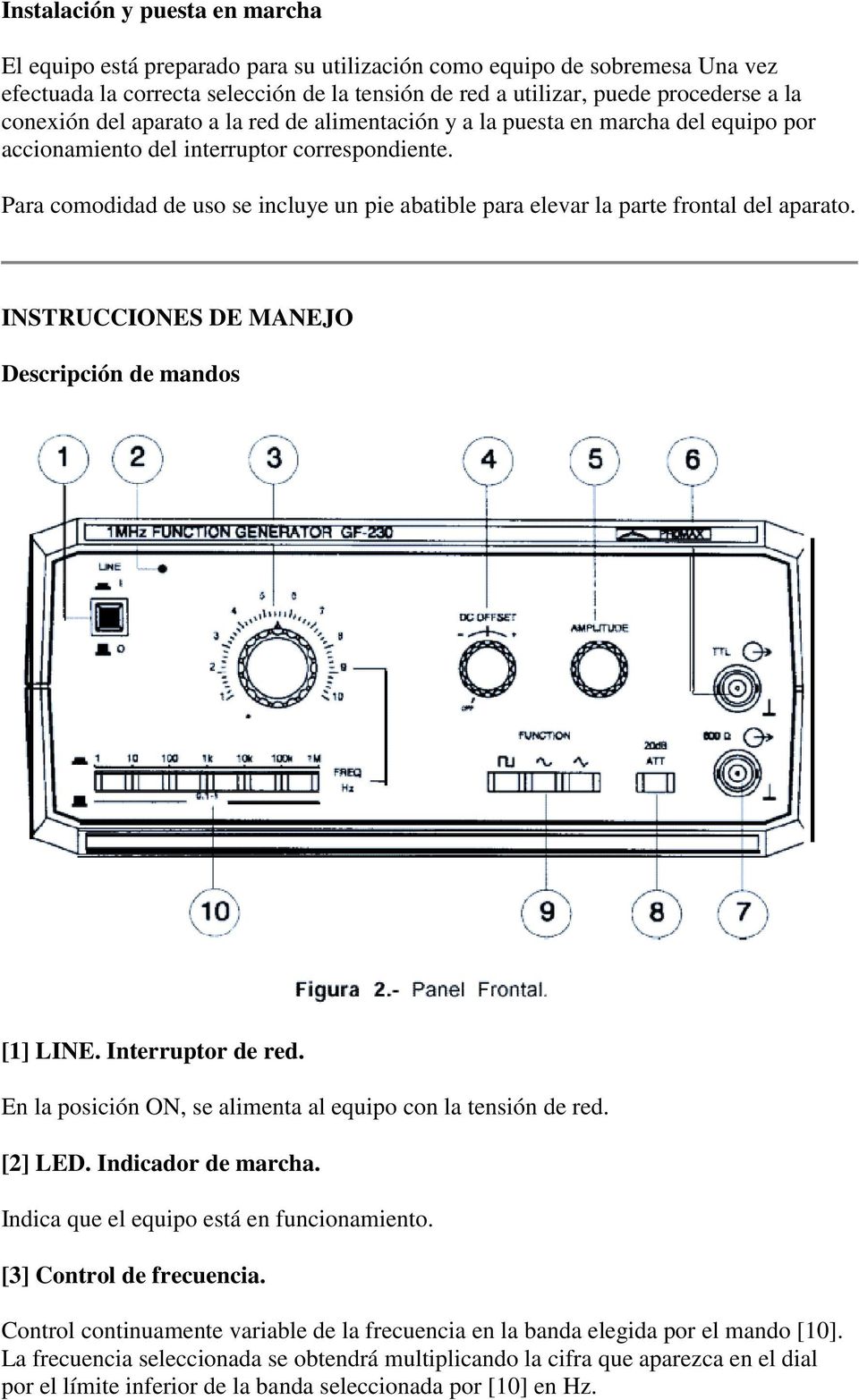 Para comodidad de uso se incluye un pie abatible para elevar la parte frontal del aparato. INSTRUCCIONES DE MANEJO Descripción de mandos [1] LINE. Interruptor de red.