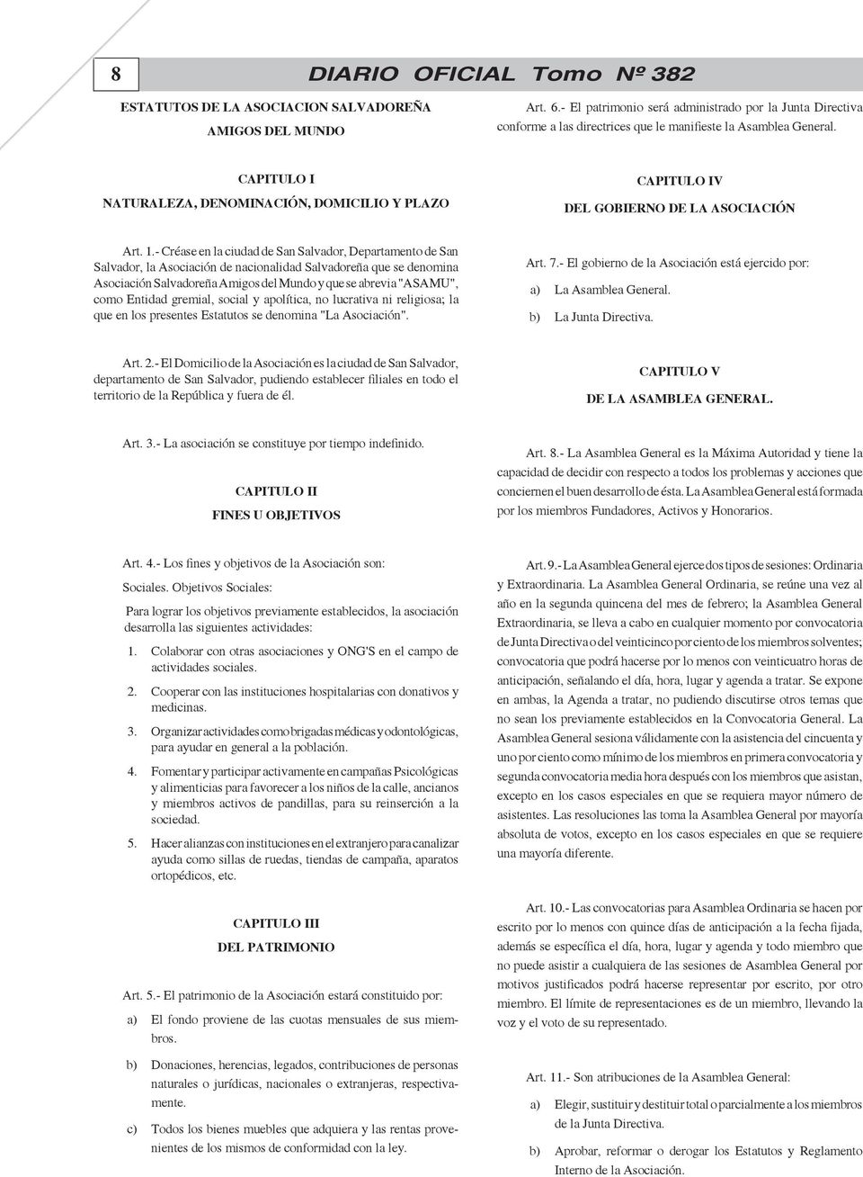 CAPITULO I NATURALEZA, DENOMINACIÓN, DOMICILIO Y PLAZO CAPITULO IV DEL GOBIERNO DE LA ASOCIACIÓN Art. 1.