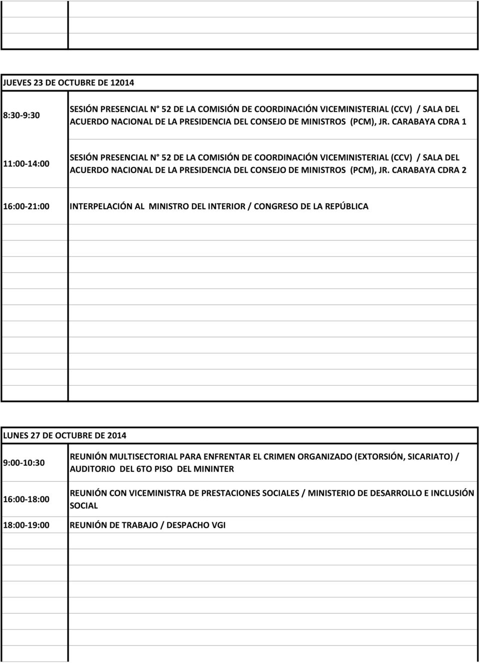CARABAYA CDRA 2 16:00-21:00 INTERPELACIÓN AL MINISTRO DEL INTERIOR / CONGRESO DE LA REPÚBLICA LUNES 27 DE OCTUBRE DE 2014 9:00-10:30 16:00-18:00 REUNIÓN MULTISECTORIAL PARA ENFRENTAR EL CRIMEN