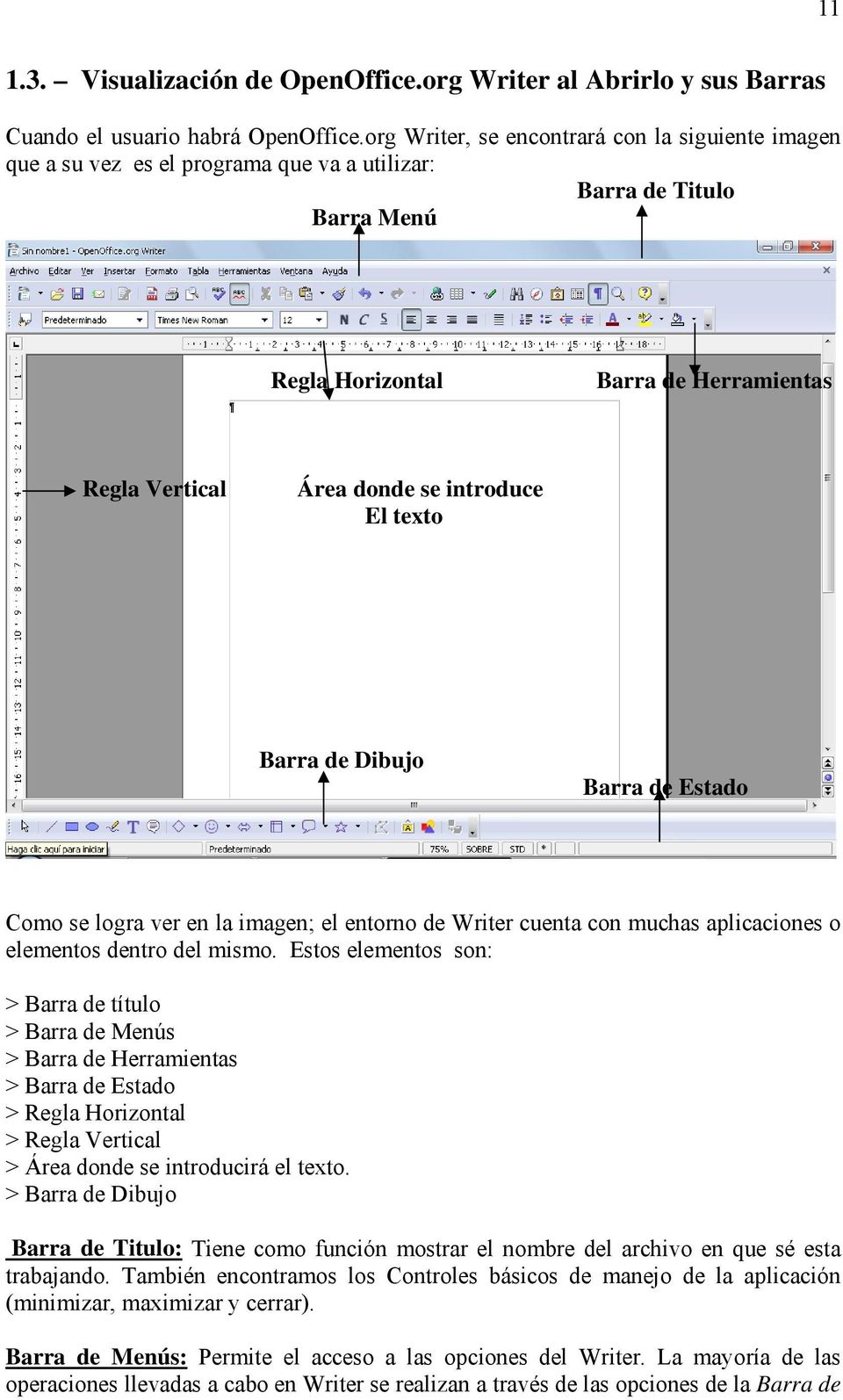 introduce El texto Barra de Dibujo Barra de Estado Como se logra ver en la imagen; el entorno de Writer cuenta con muchas aplicaciones o elementos dentro del mismo.
