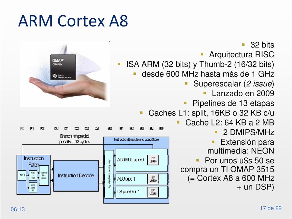 L1: split, 16KB o 32 KB c/u Cache L2: 64 KB a 2 MB 2 DMIPS/MHz Extensión para multimedia: