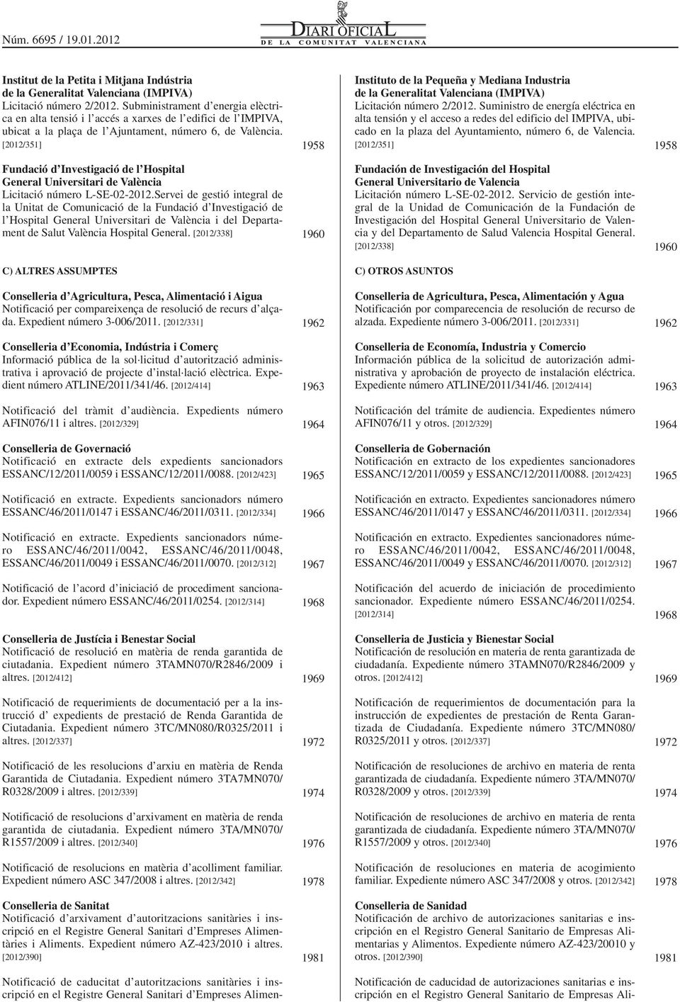 [2012/351] 1958 Instituto de la Pequeña y Mediana Industria de la Generalitat Valenciana (IMPIVA) Licitación número 2/2012.
