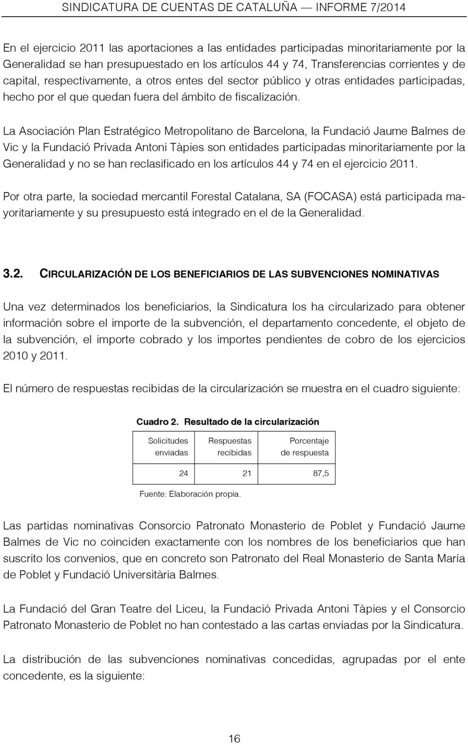 La Asociación Plan Estratégico Metropolitano de Barcelona, la Fundació Jaume Balmes de Vic y la Fundació Privada Antoni Tàpies son entidades participadas minoritariamente por la Generalidad y no se