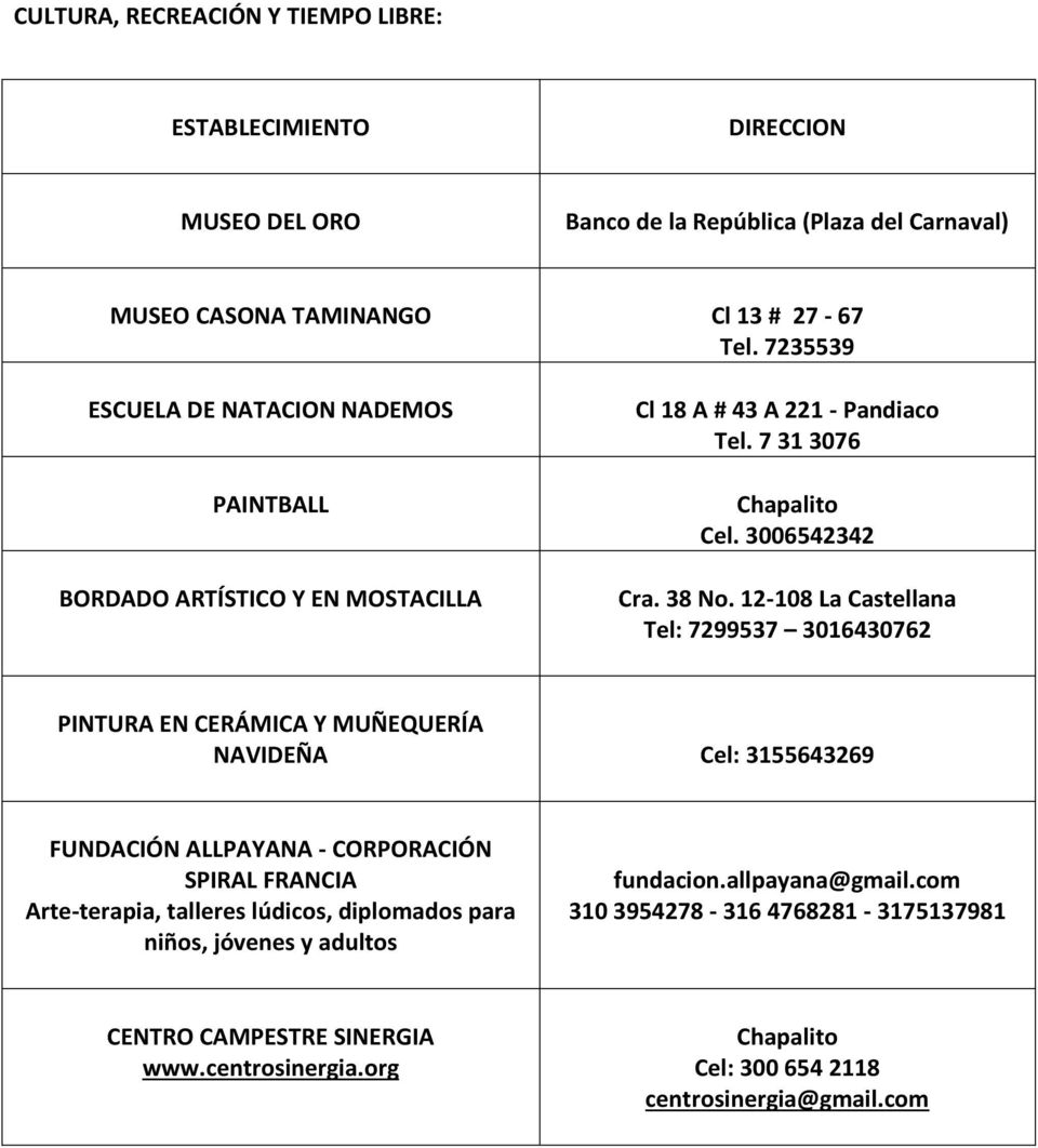 12-108 La Castellana Tel: 7299537 3016430762 PINTURA EN CERÁMICA Y MUÑEQUERÍA NAVIDEÑA Cel: 3155643269 FUNDACIÓN ALLPAYANA - CORPORACIÓN SPIRAL FRANCIA Arte-terapia, talleres