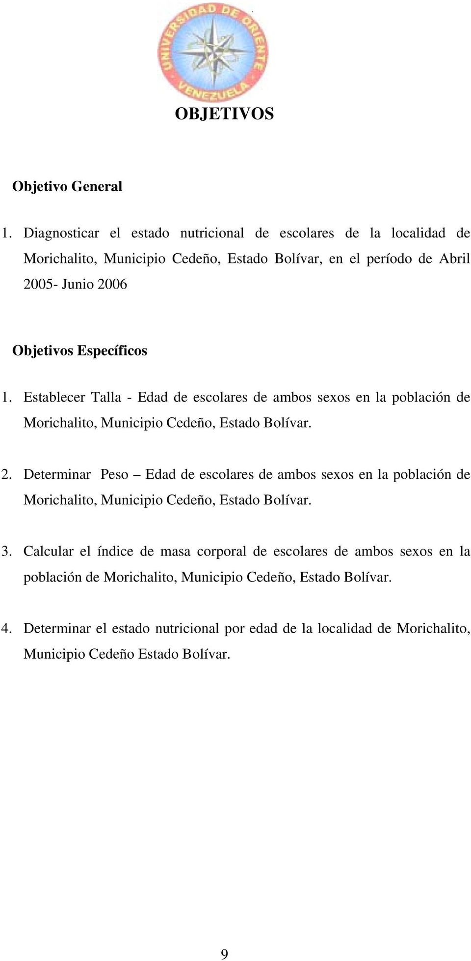 Específicos 1. Establecer Talla - Edad de escolares de ambos sexos en la población de Morichalito, Municipio Cedeño, Estado Bolívar. 2.