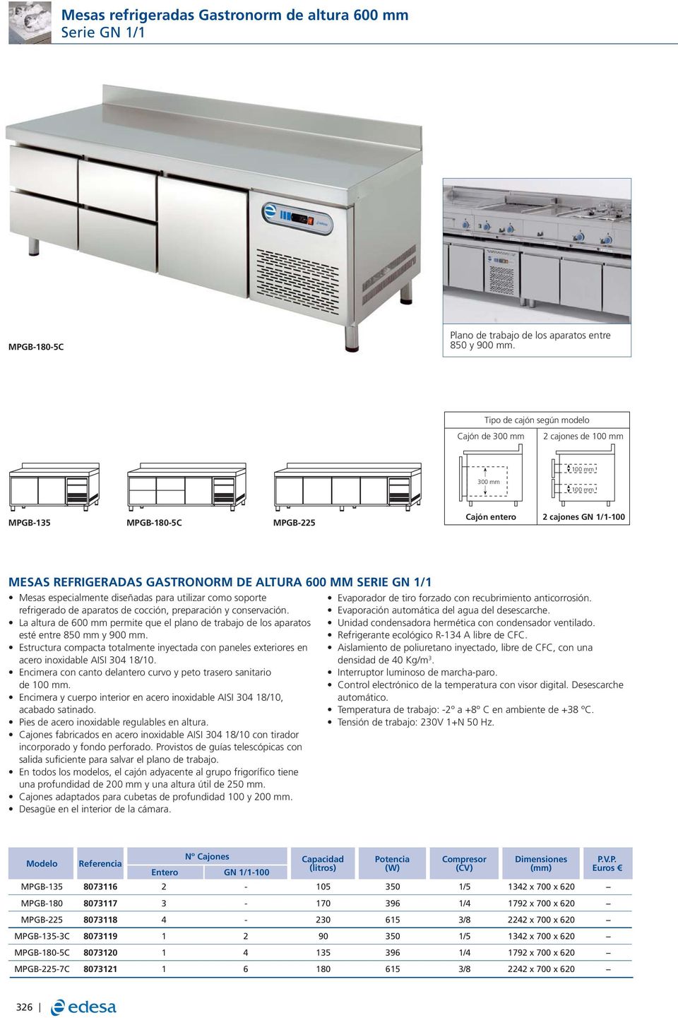 SERIE GN 1/1 Mesas especialmente diseñadas para utilizar como soporte refrigerado de aparatos de cocción, preparación y conservación.