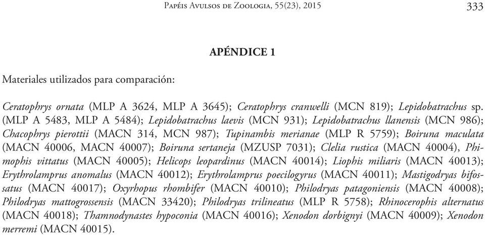 40006, MACN 40007); Boiruna sertaneja (MZUSP 7031); Clelia rustica (MACN 40004), Phimophis vittatus (MACN 40005); Helicops leopardinus (MACN 40014); Liophis miliaris (MACN 40013); Erythrolamprus