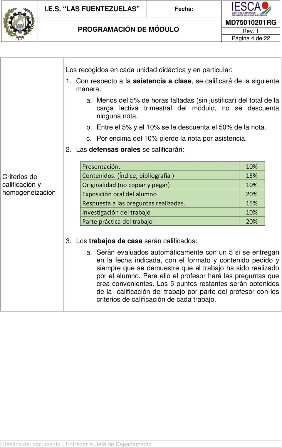 2. Las defensas orales se calificarán: Criterios de calificación y homogeneización Presentación. 10% Contenidos.