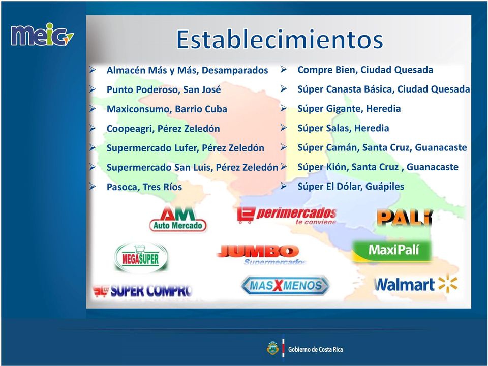 Súper Salas, Heredia Supermercado Lufer, Pérez Zeledón Súper Camán, Santa Cruz, Guanacaste