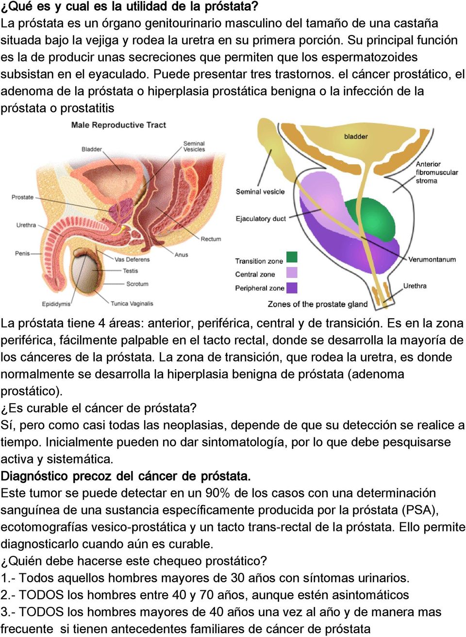 el cáncer prostático, el adenoma de la próstata o hiperplasia prostática benigna o la infección de la próstata o prostatitis La próstata tiene 4 áreas: anterior, periférica, central y de transición.