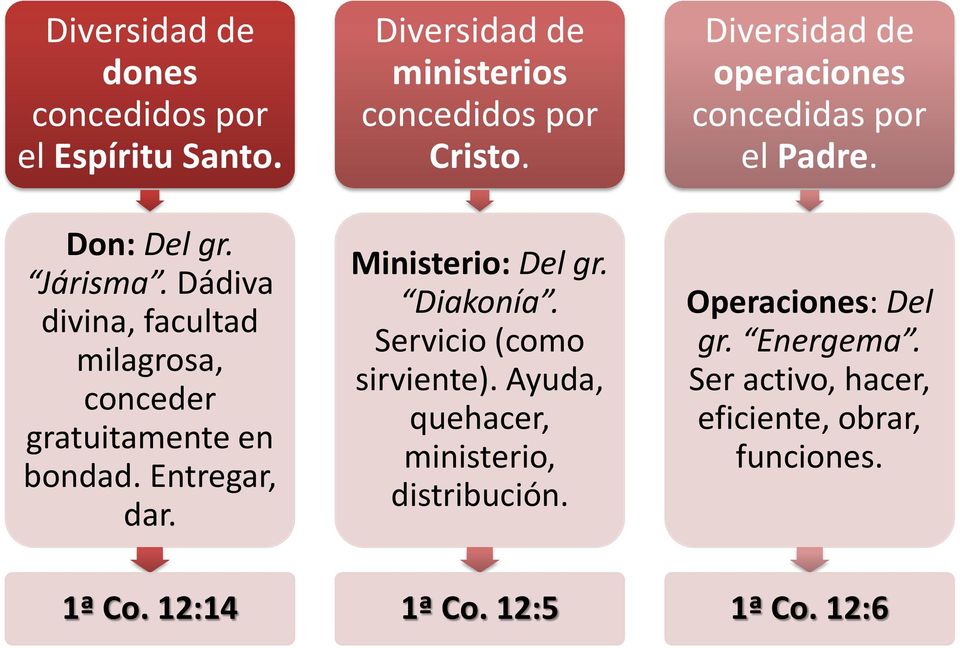 Diversidad de ministerios concedidos por Cristo. Ministerio: Del gr. Diakonía. Servicio (como sirviente).