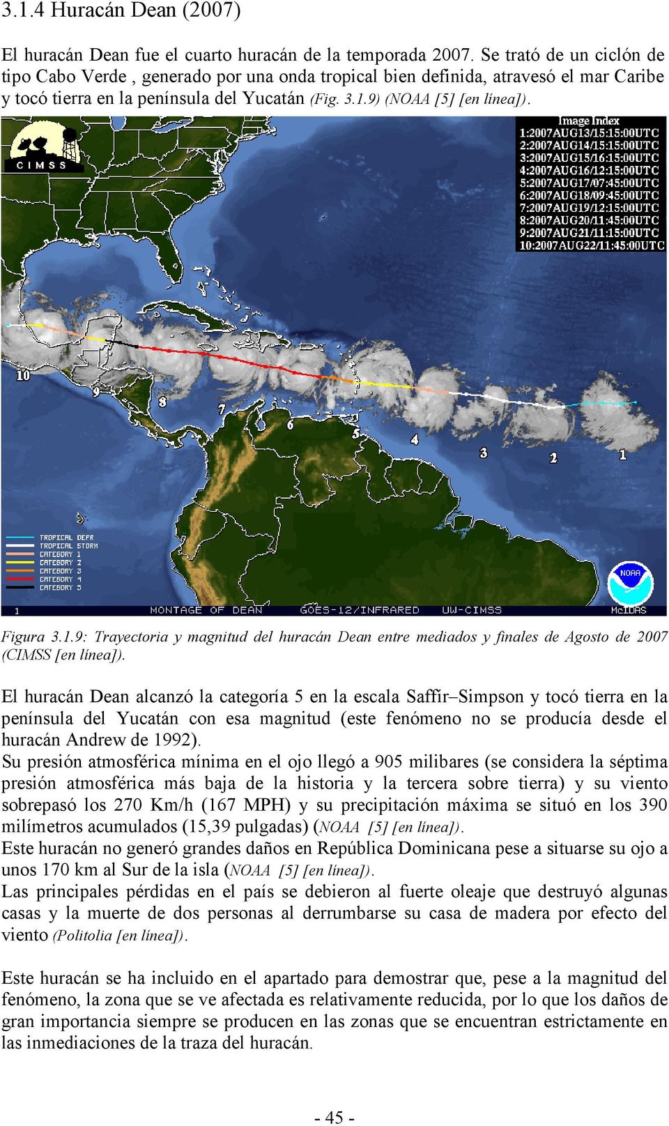 9) ( OAA [5] [en línea]). Figura 3.1.9: Trayectoria y magnitud del huracán Dean entre mediados y finales de Agosto de 2007 (CIMSS [en línea]).