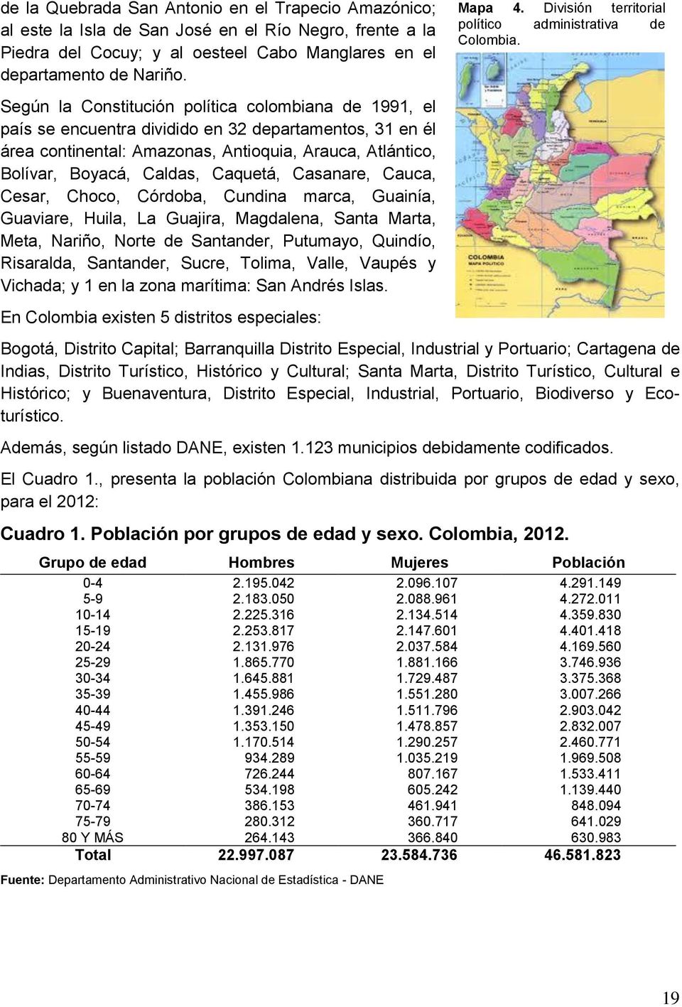 Según la Constitución política colombiana de 1991, el país se encuentra dividido en 32 departamentos, 31 en él área continental: Amazonas, Antioquia, Arauca, Atlántico, Bolívar, Boyacá, Caldas,