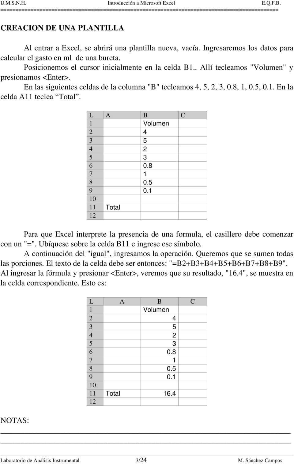 L A B C 1 Volumen 2 4 3 5 4 2 5 3 6 0.8 7 1 8 0.5 9 0.1 10 11 Total 12 Para que Excel interprete la presencia de una formula, el casillero debe comenzar con un "=".