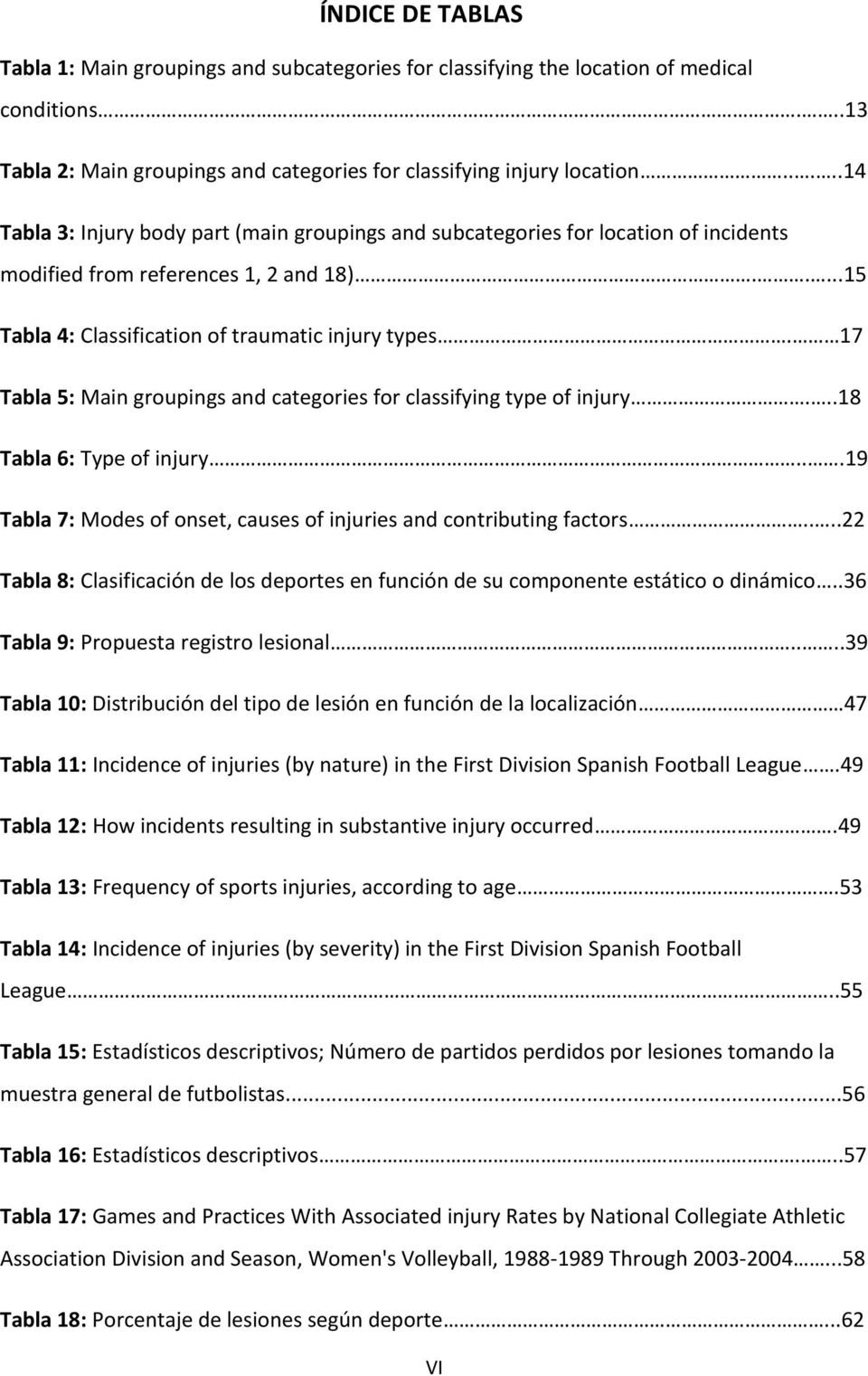 17 Tabla 5: Main groupings and categories for classifying type of injury...18 Tabla 6: Type of injury...19 Tabla 7: Modes of onset, causes of injuries and contributing factors.