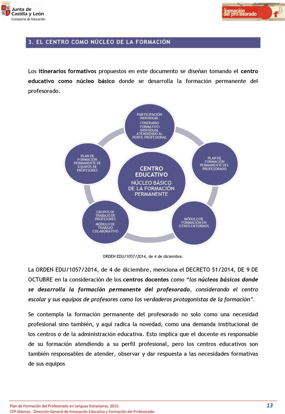 La ORDEN EDU/1057/2014, de 4 de diciembre, menciona el DECRETO 51/2014, DE 9 DE OCTUBRE en la consideración de los centros docentes como los núcleos básicos donde se desarrolla la formación