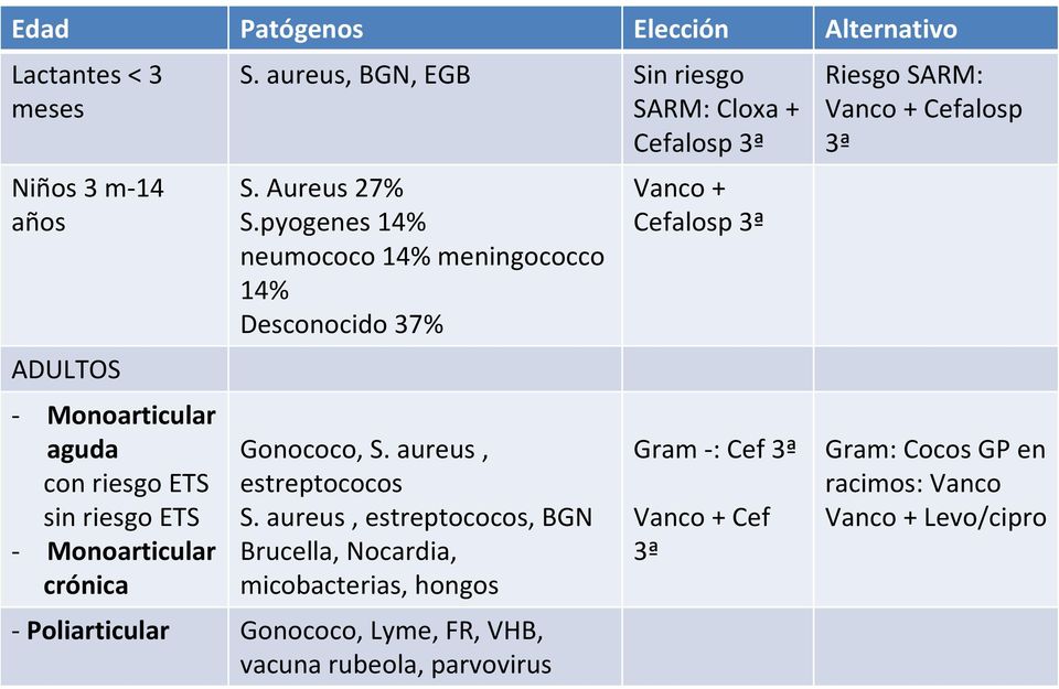 pyogenes 14% neumococo 14% meningococco 14% Desconocido 37% Gonococo, S. aureus, estreptococos S.