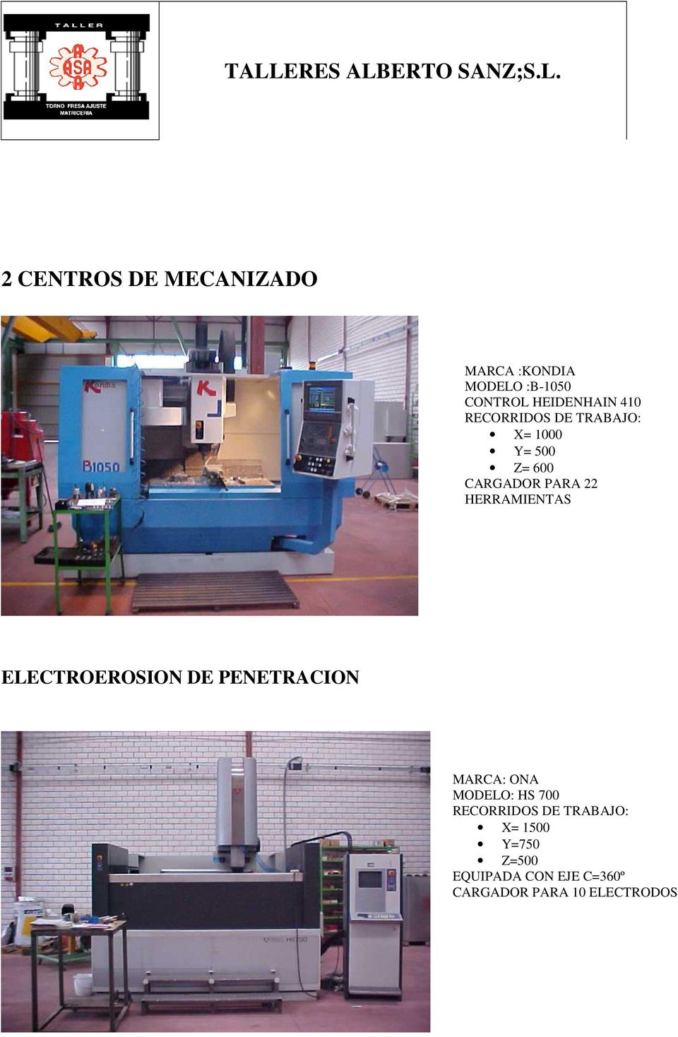 HERRAMIENTAS ELECTROEROSION DE PENETRACION MARCA: ONA MODELO: