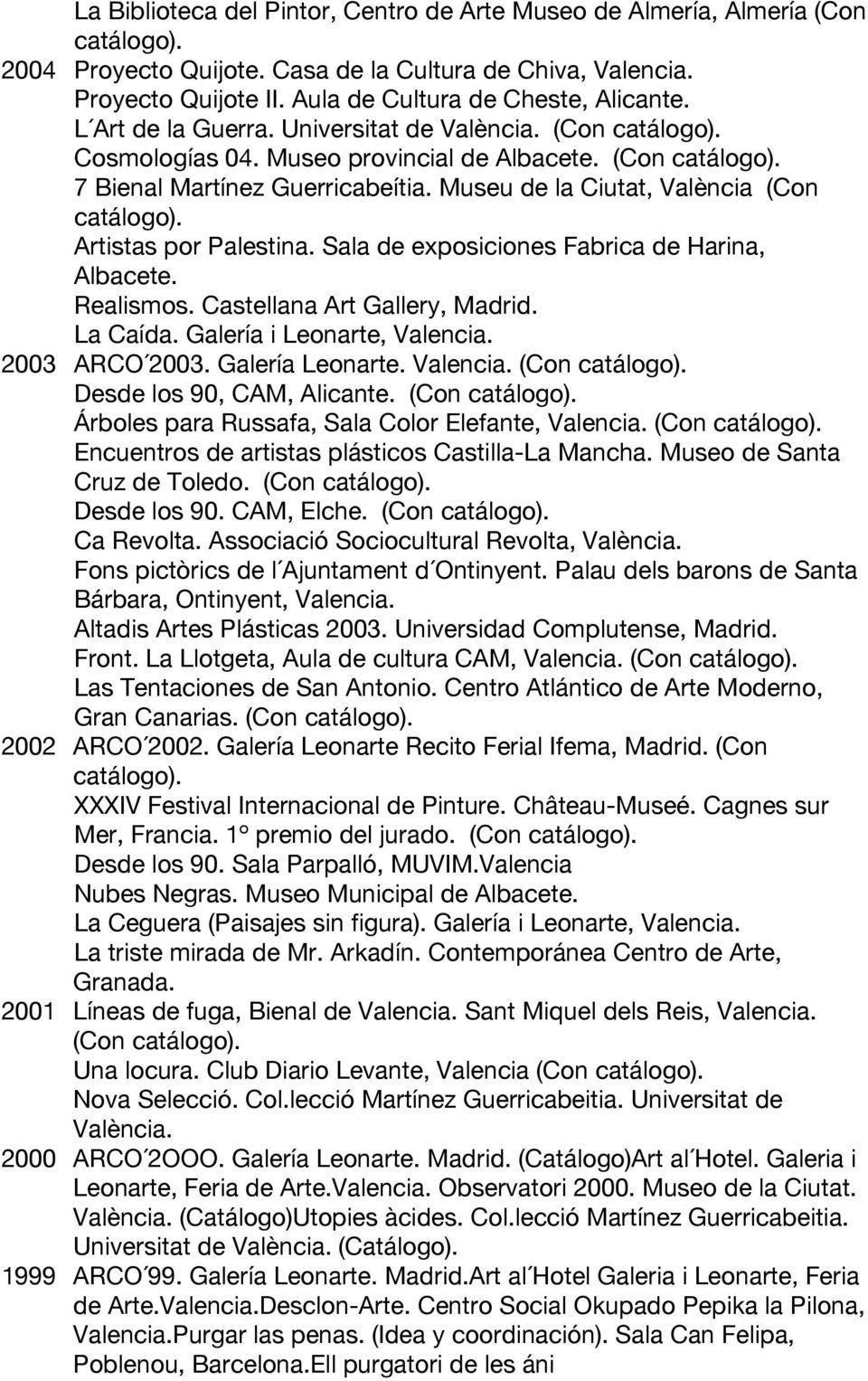 Sala de exposiciones Fabrica de Harina, Albacete. Realismos. Castellana Art Gallery, Madrid. La Caída. Galería i Leonarte, Valencia. 2003 ARCO 2003. Galería Leonarte. Valencia. (Con Desde los 90, CAM, Alicante.