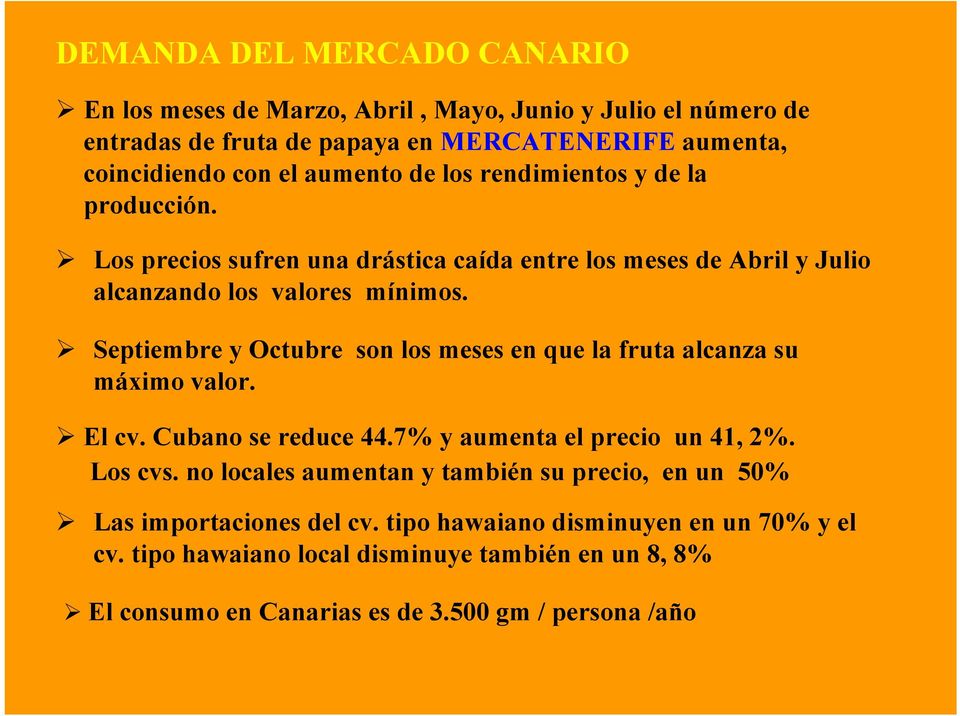 Septiembre y Octubre son los meses en que la fruta alcanza su máximo valor. El cv. Cubano se reduce 44.7% y aumenta el precio un 41, 2%. Los cvs.